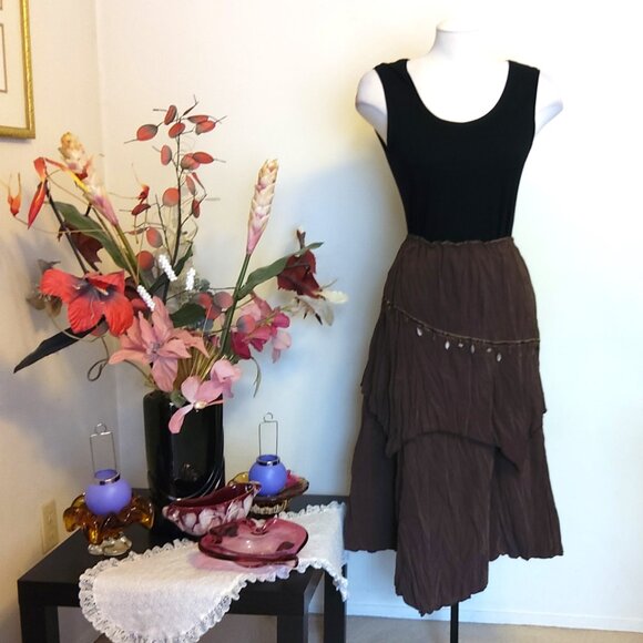 NWT Women Brown 2-Layers of Tiered Lined Elastic High Waist Asymmetrical Skirt - Picture 6 of 14